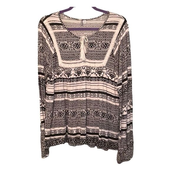 Rip Curl Floral & Striped Peasant Top Black White Print M - Picture 1 of 7